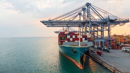 Ein großes Schiff befüllt mit über- und nebeneinander gestapelten Containern steht neben asphaltierten Untergrund im Wasser. Am Steg sind weitere Container sowie LKWs und Frachtkräne.