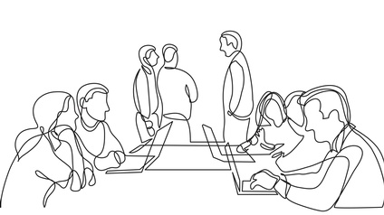 Illustration mehrerer Personen um Tisch sitzend und stehend
