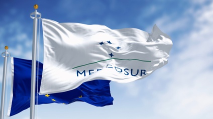 Eine weiße Flagge, auf der Mercosur steht und eine Flagge der europäischen Union sind hintereinander jeweils auf einer Stange und wehen im Wind. Am Himmel sind weiße Wolken