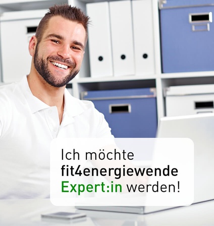 Ein Mann mit der Sprechblase: Ich möchte fit4energiewende Experte werde