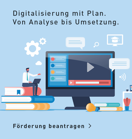 Illustration mit einem Bildschirm und einer Person, die neben dem Bildschirm auf Büchern sitzt.