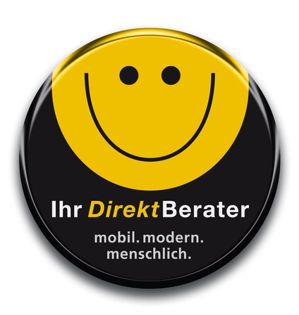 lächelndes gelbes Smiley Gesicht auf schwarzem runden Logo