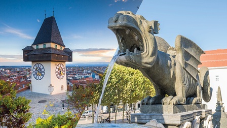 Collage des Uhrturms in Graz und des Lindwurms in Klagenfurt