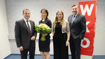 Wirtschaftskammerpräsident Mst. Andreas Wirth (l.), Wirtschaftskammerdirektor Harald Schermann und FiW-Landesgeschäftsführerin Evelyn Zarits (2.v. r.) gratulierten der neuen FiW-Landesvorsitzenden Michaela Steindl.