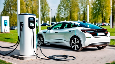 Weißes Auto an einer Ladesäule