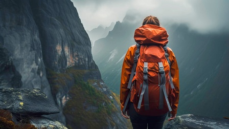 Personen in oranger Jacke auf einem Berg mit Blick in ein Tal