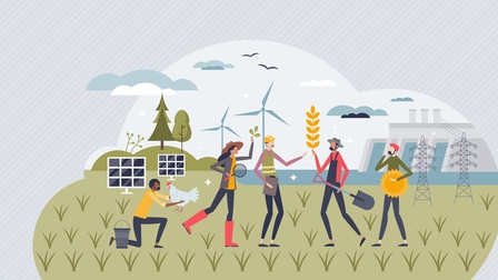 Illustration mehrerer Personen in unterschiedlichen Berufskleidungen auf Wiese stehend, im Hintergrund Bäume, Windräder, Solarpaneele und Wasserkraftwerk
