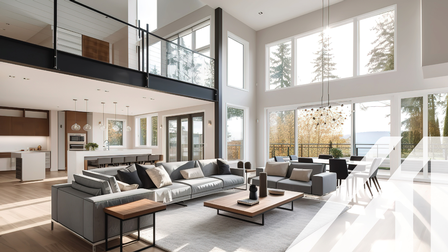 Modernes Wohnzimmer-Interieur in einem neuen Luxus-Haus mit offenem Grundriss. Man sieht Küche, Ess- und Wohnbereich vor bodentiefen Fenstern mit grünem Außenbereich, Generative KI.