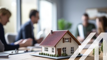 3d Render Modell eines kleinen lebenden umweltfreundlichen grünen Hauses auf einem Tisch in einem Immobilienbüro. Immobilienmakler und der Käufer bei Unterzeichnung eines Vertrages. Generative KI