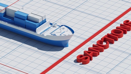 Illustration eines Frachters vor einer roten Linie, die als Sanktionen bezeichnet ist