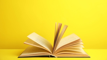 offenes Buch vor gelbem Hintergrund