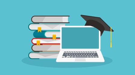 Grafische Illustration eines aufgeklappten Notebooks auf dem Absolventenhut hängt, daneben Bücherstapel, Hintergrund türkis