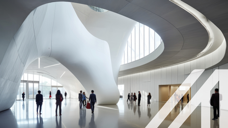 Eingangshalle mit Menschen eines modernen Kulturzentrums, moderne Architektur. Generative AI