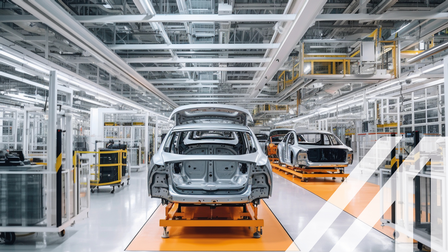 Futuristische Elektroautofabrik. Auto beim Zusammenbau in einer modernen Fabrikhalle