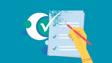 Illustration einer Hand, die auf eine Liste mit Häkchen Stift hält