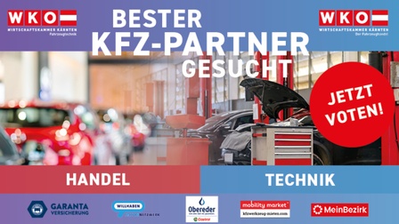 Autohändler Innenraum im Hintergrund, davor Logos der WKK und Text Bester kfz Partner gesucht - jetzt voten