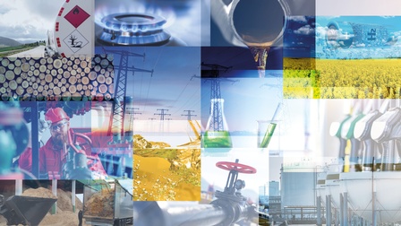 Collage mehrerer Bilder aus dem Energiesektor: Gefahrenguttransporter, Gasflamme, Rohr, aus dem Öl rinnt, Batterie mit Aufschrift H2, gestapeltes Holz, Rapsfeld, Strommasten, Person in roter Arbeitskleidung, Benzinzapfhähne, Gläser mit grüner Flüssigkeit