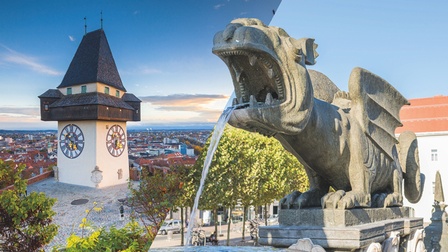 Bild von Uhrturm und vom Lindwurm in einer Collage nebeneinander