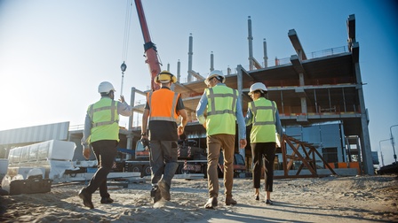 Rückenansicht von vier Personen in Schutzwesten und mit Helmen, die auf einer Baustelle nebeneinander gehen. Die Person ganz links gestikuliert mit der rechten Hand. Ihnen gegenüber ist ein Rohbau