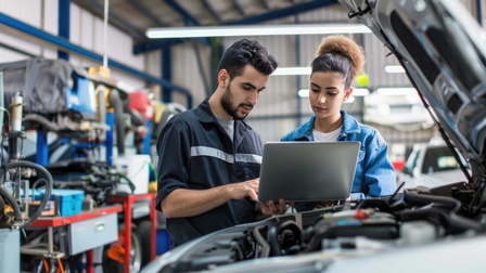 2 Mechaniker:innen stehen an Motorhaube und haben Diagnosegerät angehängt.