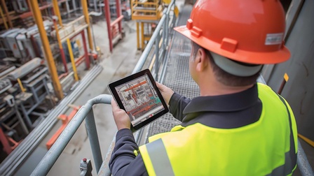 Baustellenarbeiter beim Überwachen der Arbeitsprozesse mit generativer KI auf reinem Tablet