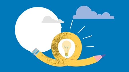 Illustration eines zur Schlaufe geformten Bleistifts mit Glühbirne in der Mitte