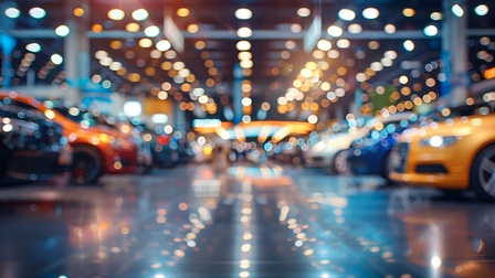 Innenaufnahme einer großen Automesse mit mehreren Autos in verschiedenen Farben, die in Reihen ausgestellt sind. Die Szene ist unscharf, mit vielen hellen Lichtpunkten an der Decke, die eine lebhafte Atmosphäre erzeugen.