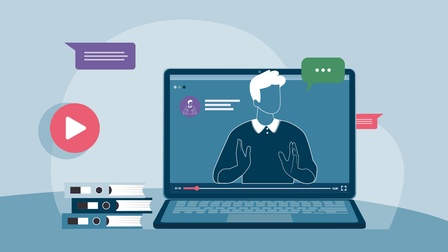 Illustration in Blautönen: Aufgeklappter Laptop mit Person