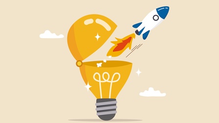 Illustration eines hellen Hintergrunds, in dessen Mitte eine große, gelbe Glühbirne ist. Die Glühbirne ist in der Mitte geöffnet. Aus dem Hohlraum der Glühbirne hebt eine Rakete ab