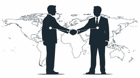 Grafik mit zwei Männern vor einer Weltkarte, die sich die Hand geben