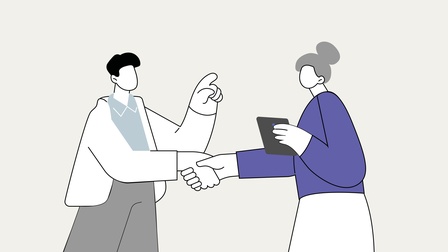 zwei Cartoon-Figuren, Mann und Frau, geben sich die Hand, Illustration
