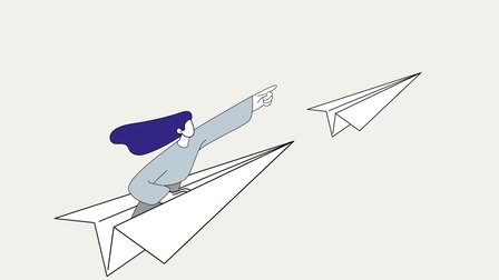 Cartoon-Figur, die auf einem Papierflieger sitzt, davor ein weiterer Papierflieger, Illustration
