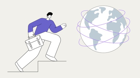 Männliche Cartoon-Figur mit Aktentasche eilt die Treppe hinauf in Richtung Weltkugel, Illustration
