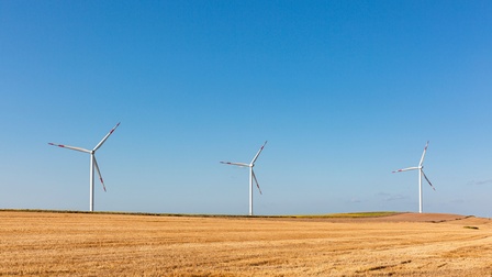 Feld mit Windrädern unter blauem Himmel