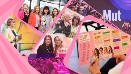 Eine Collage aus mehreren Fotos zeigt Frauen auf einer Veranstaltung – beim Netzwerken, auf einer Bühne, in Gesprächen und beim Lesen einer Broschüre – vor einem pink gestalteten Hintergrund mit vielen Menschen und einer Konferenzatmosphäre.