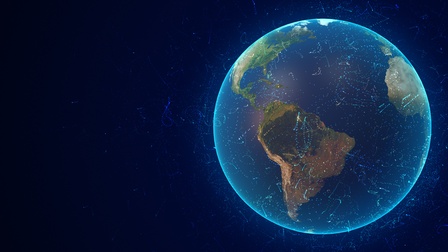 Blau leuchtender Rand um Weltkugel mit Fokus auf Afrika, Overlay leuchtender Punkte auf dunkelblauem in schwarz verlaufenden Hintergrund