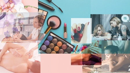 Collage: Hände, die Schulterblatt liegender Person massieren, Fuß mit rotlackierten Nägeln mit massierenden Händen, Overlay Orchideenblüten; Person nimmt bei anderer Person Gesichtsbehandlung vor, verschiedene Kosmetika, Person tätowiert andere Person