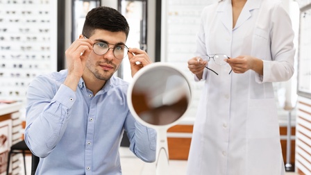 Person probiert eine Brille - im Hintergrund steht ein Optiker