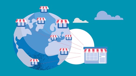 Illustration einer Weltkugel mit Verkaufsständchen