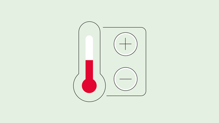 Icon für energieeffizientes Heizen, Kühlen und Lüften im Handel mit einem stilisierten Thermometer