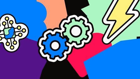 Buntes Sujet bestehend aus verschiedenen farbigen Formen und Emojis wie Zahnrädern, Blitz und illustrierter Computerplatine