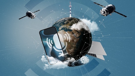 Grafische Collage einer Weltkugel mit Vernetzungssymbolik, ringsum Satelliten und ein Smartphone