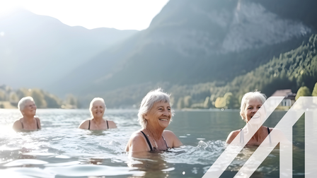 Aktive Seniorengruppe beim Schwimmen im See vor begrünten Bergen im Hintergrund