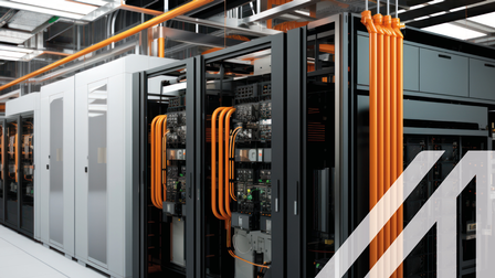 Darstellung eines hochmodernen Rechenzentrums mit Reihen von Serverschränken, Kühlsystemen und redundanten Stromversorgungen