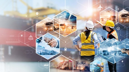 Frachtschiffe und viele Bereiche eines Handelsabkommen überlagern zwei Frachthafenangestellte