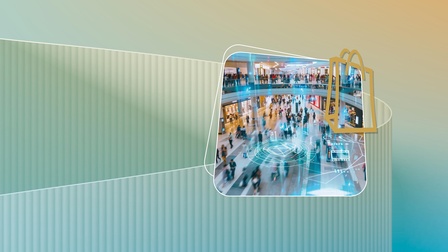 Bild mit Blick in eine Shopping-Mall vor einem grünen Hintergrund