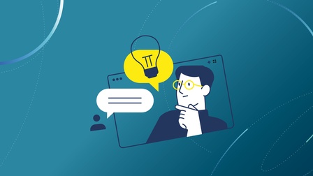 Eine stilisierte Illustration zeigt eine nachdenkliche Person mit Brille in einem digitalen Fenster, neben einer Sprechblase und einem Symbol einer Glühbirne als Zeichen für eine Idee, Innovation