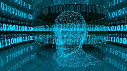 Vor schwarzem Hintergrund wird Künstliche Intelligenz in Form eines türkisen Kopfes dargestellt. Es wirkt wie ein Computerspiel.  Informationstechnik, Technologie und Mensch, Künstliche Intelligenz.