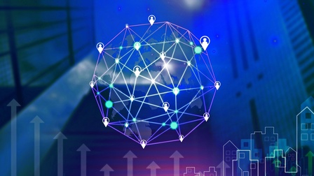 eine blaue Kugel mit vernetzten Punkten - dahinter abstrahiert eine Stadt