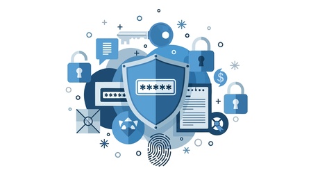 Grafische Darstellung von Cybersicherheit mit Passwort, Schutzschild, Schlössern und Fingerabdruck als Symbole für den Schutz vor Cyberkriminalität.